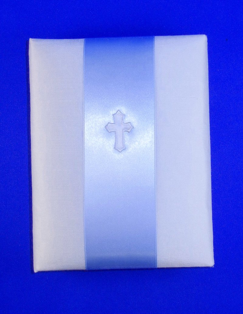 Silk Photo Album with Cross on Blue Ribbon